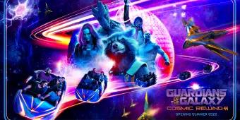 A promotional poster featuring characters from Guardians of the Galaxy with Spaceship Earth and ride vehicles