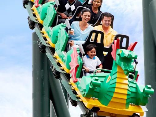 Guests on the Dragon Coaster at LEGOLAND Dubai