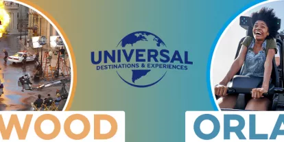 Universal Tickets An orange and blue banner with two images of Universal theme parks. A tram tour is labelled Hollywood and a rollercoaster is labelled Orlando