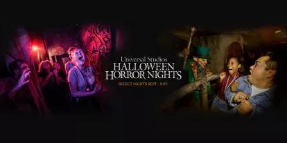 Universal Studios Halloween Horror Nights The Halloween Horror Nights logo in between two images of people being scared in haunted houses