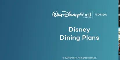 Walt Disney World Dining Plan Locations A banner with the text 'Disney Dining Plans' surrounded by images of food and dining
