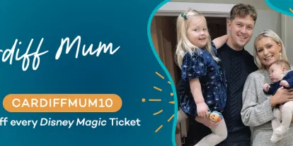 Cardiff Mum Blue and turquoise banner with text in centre which says Cardiff Mum. Underneath it says use code: CARDIFFMUM10 in capital letters, to get £10 off every Disney Magic Ticket. To the right there is a picture of a mum and dad posing for a photo in their house with the mum holding a small baby and the dad holding a little girl..