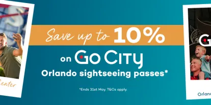 Go City Orlando Offer banner Blue banner with the text "Save up to 10% on Go City Orlando sightseeing passes". There are four polaroid's from left to right showing: an airboat in the Everglades with the Go City logo, four people stood in front of giant globe sign taking a selfie at Kennedy Space Center, a kid sat on his dads shoulders in front of a rocket display and a man stood next to an alligator at Gatorland.