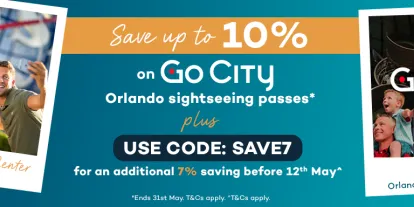 Go City Orlando Offer banner Blue banner with the text "Save up to 10% on Go City Orlando sightseeing passes plus use code: SAVE7 for an additional 7% saving before 12th May". There are four polaroid's from left to right showing: an airboat in the Everglades with the Go City logo, four people stood in front of giant globe sign taking a selfie at Kennedy Space Center, a kid sat on his dads shoulders in front of a rocket display and a man stood next to an alligator at Gatorland.