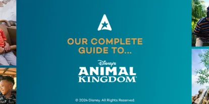 Disney’s Animal Kingdom Theme Park Guide Blue banner with text "Our complete guide to Disney's Animal Kingdom". To the left there are four photos: girls with birds flying overhead, four guests on water ride circular boat being splashed, a mum and son face to face with giraffe on a safari ride and two kids on a brown rollercoaster with the theming of a snow capped mountain. To the right there are images of men with a cartoon meerkat, a man lifting his daughter, a mum and toddler on spin ride and a savannah.