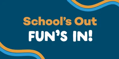 Summer Holiday Fun Blue banner with text "School's out, Fun's in". To the left there is a group of young adults in a theme park holding a mickey mouse shaped balloon with the caption "Disneyland Paris". To the right there is an image of young adults sat on a rollercoaster turning upside down, clutching onto the yellow overhead restraints. That title says "PortAventura Theme Park".