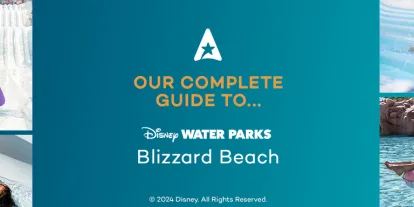 Blizzard Beach Guide Text on banner saying "Our complete guide to Disney water parks Blizzard Beach" with an AttractionTickets.com logo above (A with a star in the middle). There are many images on either side of people enjoying the water park, some guests on slides, some relaxing on rubber rings in the pools, some of the iconic ski slope and chairlift and some showing the fear of guests falling down Summit Plummet.