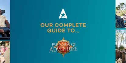 Universal Island's of Adventure Guide Banner with a white A with a star shape inside as the AttractionTickets.com logo. There are pictures to the right including a couple posing between a grey raptor and a couple screaming on a big roller coaster.