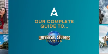 Universal Studios Florida Guide White logo of an A with a star in it, there is text which says "Our complete guide to" and below is the Universal Studios logo with a globe on it. There are images of the park, including a woman meeting a minion, a woman stood in Diagon Alley looking up at a fire breathing dragon, a kid meeting a large metal robot called a transformer, people screaming whilst riding a red ride and a family walking in front of the Universal logo statue.