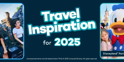 Travel Inspiration for 2025 Banner saying "travel inspiration for 2025" with photos of different destinations on it that are labelled. Dubai, New York, Universal Orlando Resort, Disneyland Paris, Universal Hollywood Studios and finally Yas Island, Abu Dhabi.