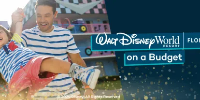 Walt Disney World on a Budget A banner featuring parents swinging their child labelled Walt Disney World on a Budget