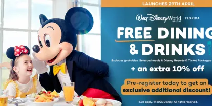 Free Dining & Drinks at Walt Disney World Resort A banner with Mickey Mouse whispering to a girl next to the title Free Dining & Drinks