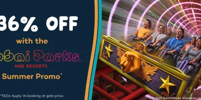 Dubai Parks & Resorts Summer Deal Summer promo image highlighting 36% off ticket prices at Dubai Parks & Resorts