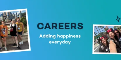 Careers at AttractionTickets.com Blue banner with text: Careers adding happiness everyday and then there are four images of employees enjoying the products we sell. Some in front of the castle in Halloween merchandise, some in scuba suits at Discovery Cove and others at Universal Orlando Resort.