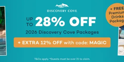 Save up to 28% and get a free Premium Drinks Package with Discovery Cove 2026 Tickets