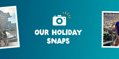 Our Holiday Snaps Blue banner with a cartoon camera on it saying 'Our Holiday Snaps' with two images either side. One of three people riding Space Mountain in Disney, one of a group of people in front of the iconic globe sign at Universal, one of a woman at Orlando Magic game and finally a woman stood next to giant statue of rex from Toy Story.
