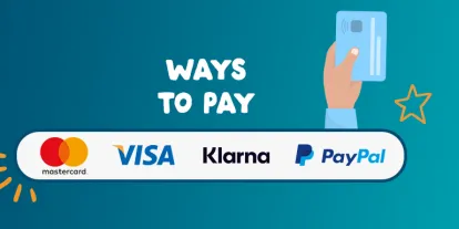 Ways to Pay Blue banner that says 'Ways to Pay' with a row of ways to pay including visa, mastercard, klarna and paypal