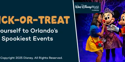 Orlando Halloween Tickets Banner with wording saying "Trick or treat yourself to Orlando's spookiest events." with images of Mickey and Minnie dressed up in Halloween costumes in Walt Disney World, guests screaming as walking through a maze at Universal Orlando Resort and two siren creature scare actors in SeaWorld Orlando.