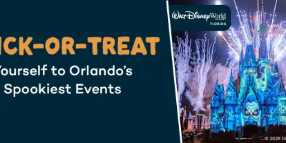 Halloween in Orlando A banner with the text "Trick or treat yourself to Orlando's spookiest events" and then three images, one of two aquatic sea creature scare actors, one of the castle with projections on it and the last one with someone running through a horror maze.
