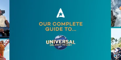 images of people enjoying the Universal Orlando Resort rides, pools and character meets. A complete guide to Universal Orlando Resort (including the logo of a globe)
