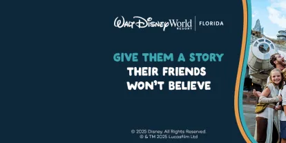 A family cheering with Chewbacca next to the heading 'Give them a story their friends won't believe'