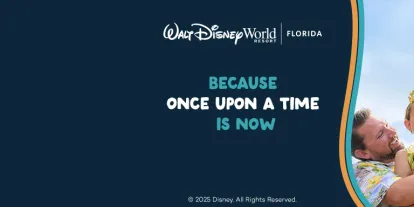 "Because Once Upon a Time is Now" next to an image of a little girl dressed a princess being hugged by her dad