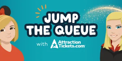 Jump the Queue Podcast with AttractionTickets.com Text saying "Jump the Queue with AttractionTickets.com" and there are two blonde cartoon women, one with short hair and Minnie Mouse ears on her head and the other wearing a black cape and holding a wand.