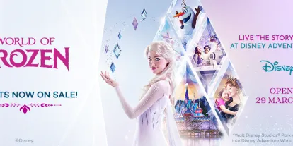 Disneyland Paris banner announcing World of Frozen opening on 29 March 2026, featuring Elsa and promoting that Tickets are Now on Sale at AttractionTickets.com
