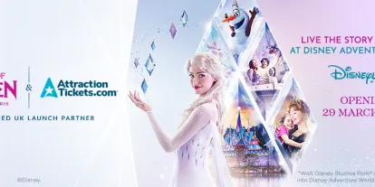 Disneyland Paris banner announcing the World of Frozen opening on 29 March 2026, featuring Elsa and AttractionTickets.com as the Preferred UK Launch Partner.