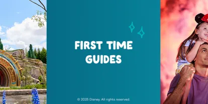 Desktop banner for the "Our First Time Guide to Walt Disney World," showing a family at EPCOT and a meet-and-greet with Mickey and Minnie Mouse at Magic Kingdom.