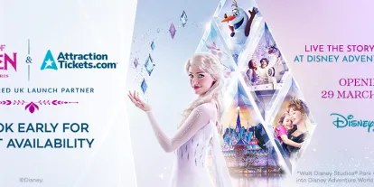 Elsa from Frozen stands alongside scenes from the new World of Frozen land at Disneyland Paris