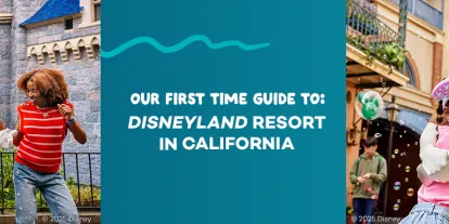 Banner for the "Our First Time Guide to Disneyland Resort in California," showing Donald Duck and Princess Tiana interacting with guests.
