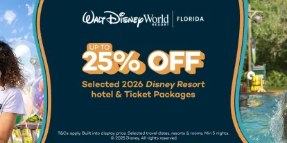 Save up to 25% on a 2026 Walt Disney World Hotel + Ticket Package