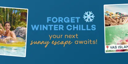 Winter sun banner with photos of people in sunny destinations, on water slides and rollercoasters. 