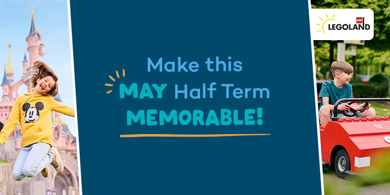 Make this may half term memorable text with images of locations including Siam Park and Disneyland Paris
