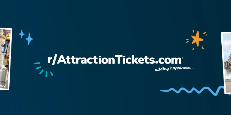 A navy blue community banner reading "r/AttractionTickets.com adding happiness..." surrounded by playful doodles. It is flanked by Polaroid photos of families enjoying theme parks, meeting Mickey Mouse, and experiencing animal encounters.
