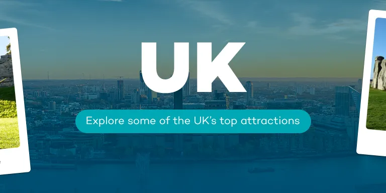 Banner featuring four UK attractions in polaroid-style frames: a rollercoaster at Thorpe Park, children at Warwick Castle, Stonehenge, and the ABBA Voyage show, set against a London skyline background with the text "UK - Explore some of the UK’s top attractions."