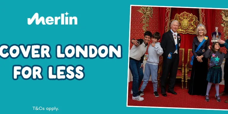 Banner that says Discover London For Less - with image of london eye, Madame Tussauds and Shrek's adventure in london