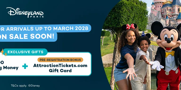 Disneyland Paris 2028 holiday pre-registration banner featuring Mickey Mouse and a family in front of Sleeping Beauty Castle, with exclusive booking benefits when you book with AttractionTickets.com.