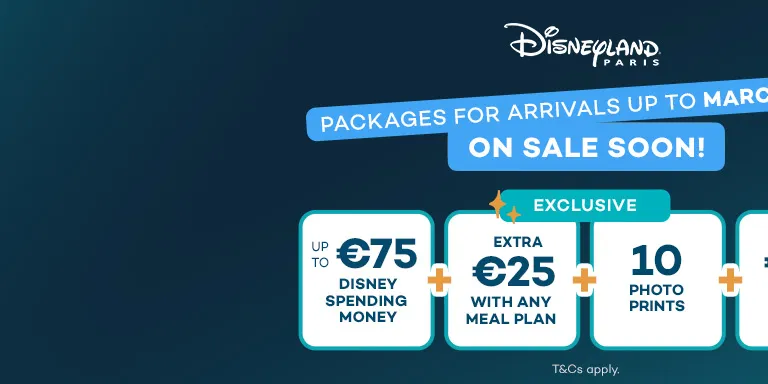 Disneyland Paris 2028 packages on sale soon in Ireland banner with Mickey Mouse and a young guest