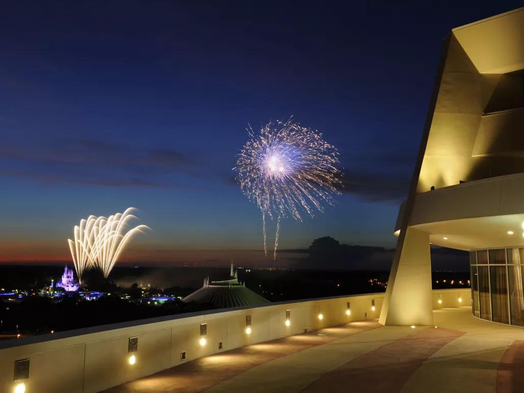 Fireworks at night, Bay Lake Tower at Disney's Contemporary Resort