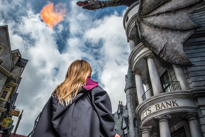 Girl outside Gringotts Bank, The Wizarding World of Harry Potter™—Diagon Alley