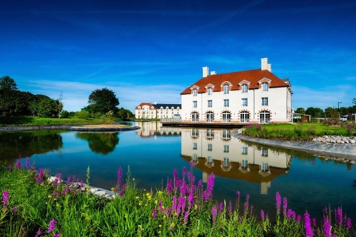 Beautiful lake and hotel with blue skies