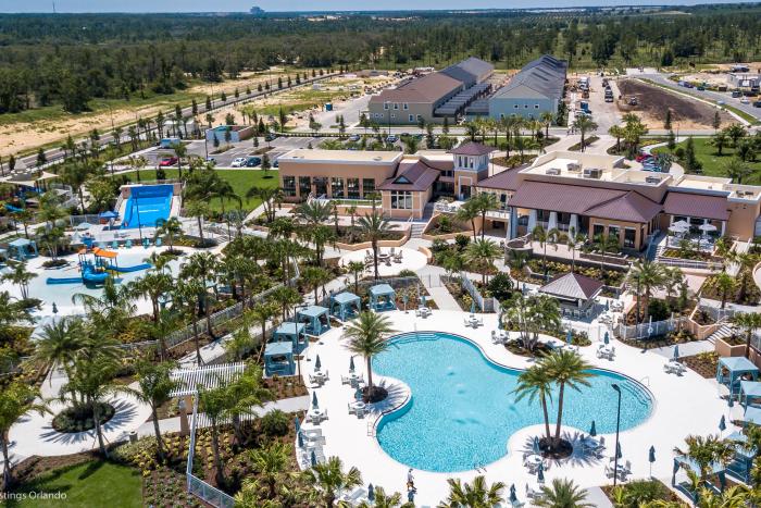 Aerial view of the water park, FlowRider, and clubhouse at Solara Resort