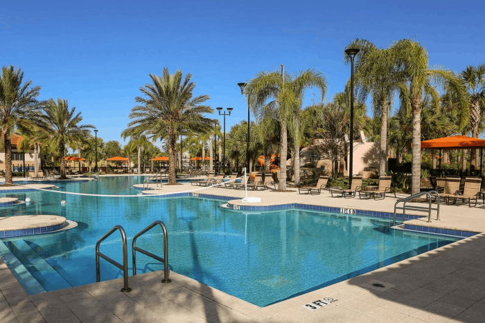 Sunny outdoor swimming pool at Solterra Resort with metal handrails, lounge chairs, and palm trees under a clear blue sky.