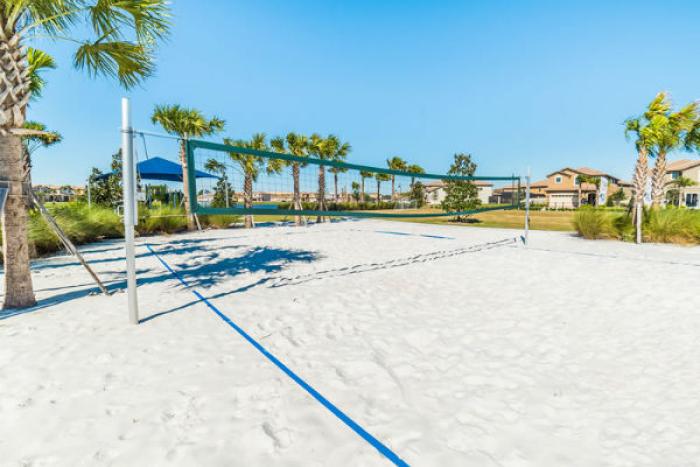 Sand volleyball court surrounded by palm trees at Windsor at Westside