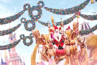Santa Claus at Disney Enchanted Christmas Santa Claus on a parade float being pulled by mechanical reindeer, with Mickey Mouse wreaths and Sleeping Beauty Castle in the background