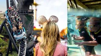 Three images of a rollercoaster, a woman facing away from the camera wearing Minnie ears, and two children snorkelling