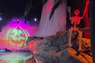 SEA LIFE  Room decorated with prop skeleton on rocks, the sea below and a pumpkin projection.
