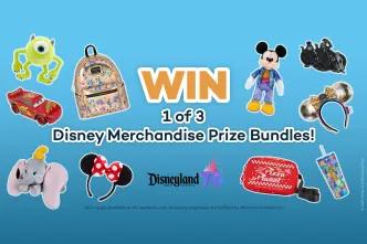 Disneyland Resort Blog A banner saying win 1 of 3 Disney merchandise prize bundles with Disneyland Resort logo. There are multiple pictures of prizes including plush toys, rucksacks, remote control cars and more!